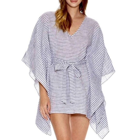 Riller & Fount Linen Caftan Mini Dress Sz.S Striped Beach Cover-Up Coastal Boho - Picture 1 of 13